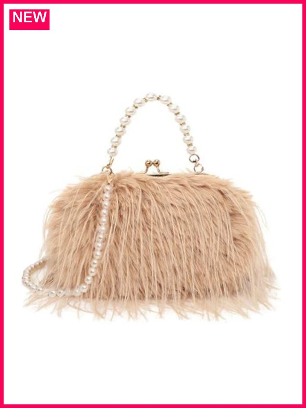 Women Faux Fur Fluffy Feather Pearl Purse Beaded Clutch Tote Party